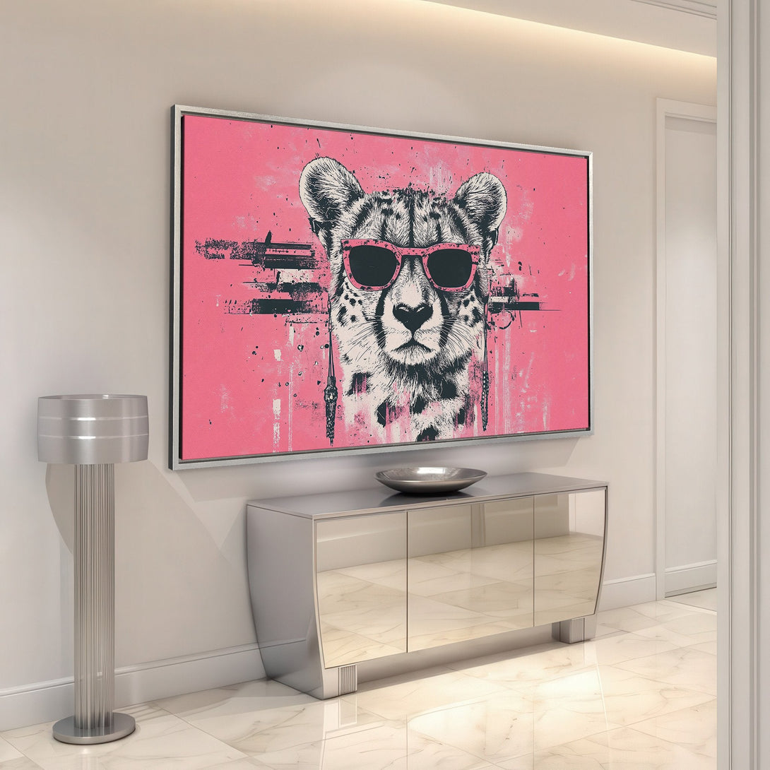 Framed Wall Art: Hip cheetah in sunglasses on pink canvas. Modern, pop art style. Adds a bold statement to any space.