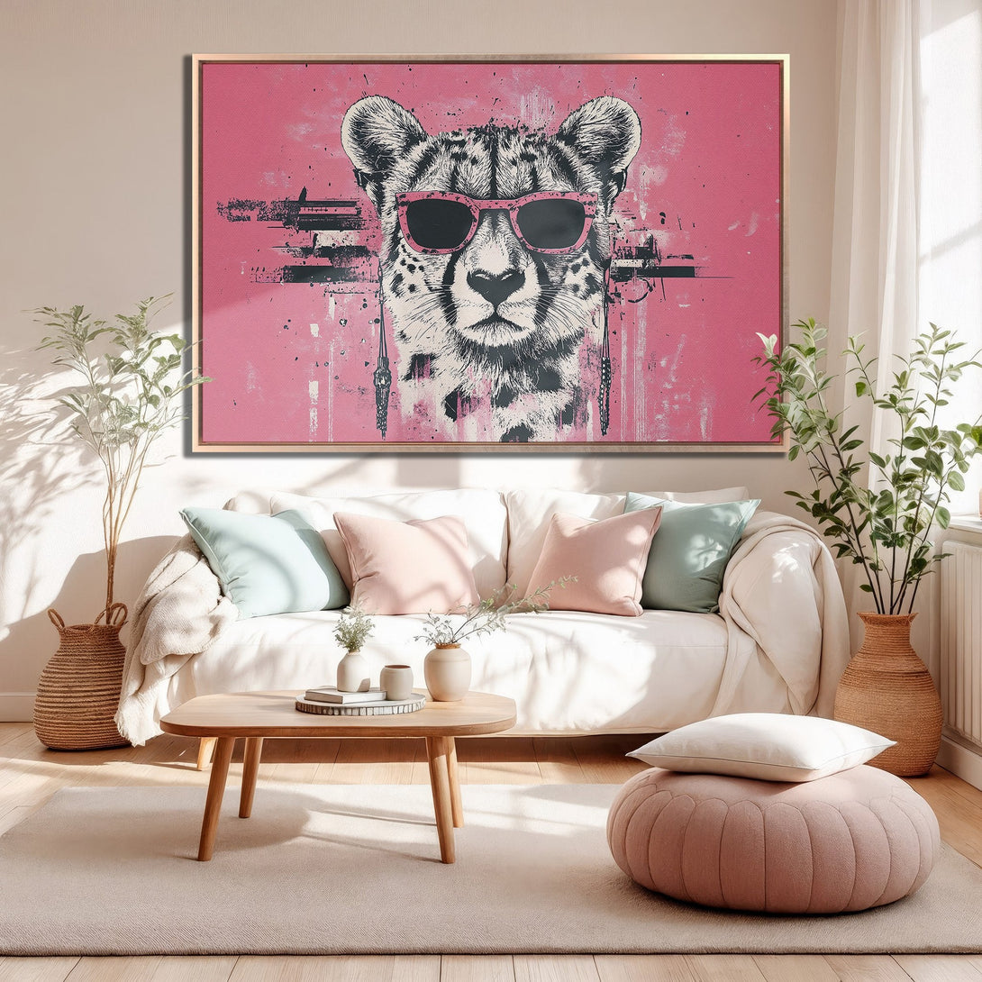 Framed Wall Art: Cool cheetah wearing sunglasses on a pink background. Modern pop art style, pink and neutral color palette. Perfect for stylish interiors.
