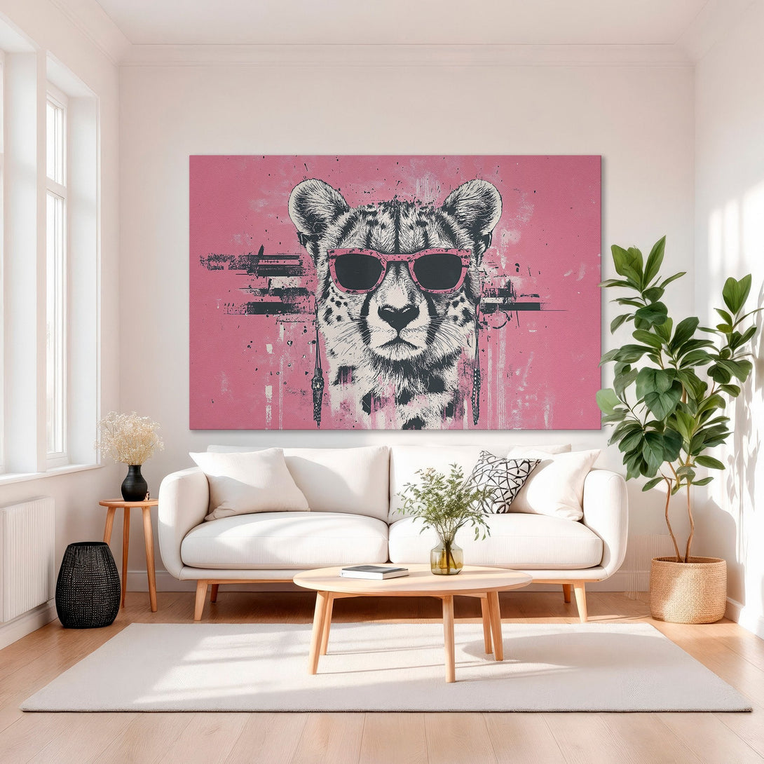 Framed Wall Art: Cool cheetah with pink sunglasses on a pink background. Modern, stylish artwork with gold frame. Adds a pop of color!