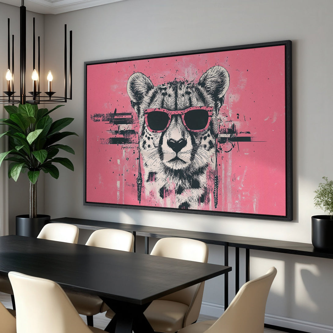 Framed Wall Art: Cool cheetah portrait in pink & black. Modern, stylish canvas print perfect for adding a pop of color and personality to any room.