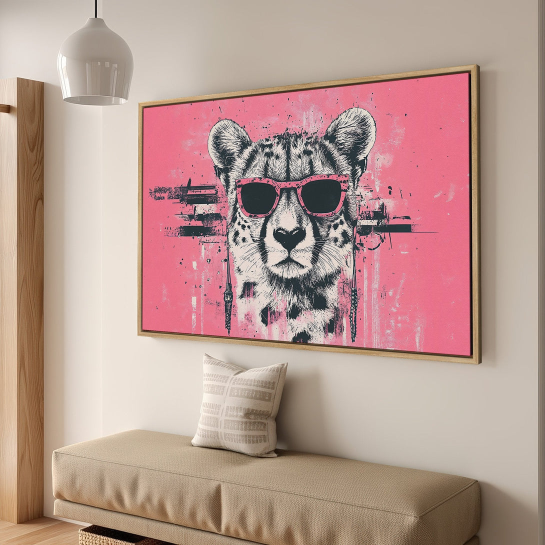 Framed Wall Art: Cool cheetah canvas print with pink background, pop art style. Adds a fun, modern touch to any room. Shop now!