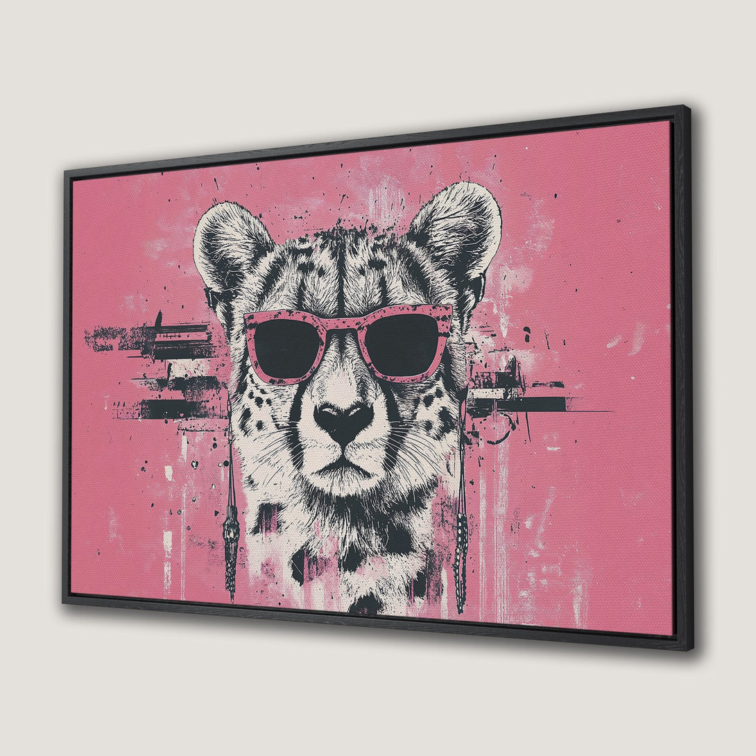 Framed Wall Art featuring a cool cheetah wearing sunglasses, in a modern, pop art style with a pink and black color palette.