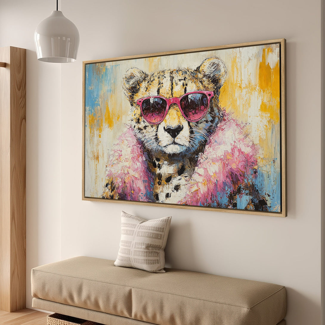 Framed Wall Art: Stylish Cheetah in sunglasses. Modern, colorful abstract painting with pink, yellow, and blue hues. Perfect for adding personality to your space!