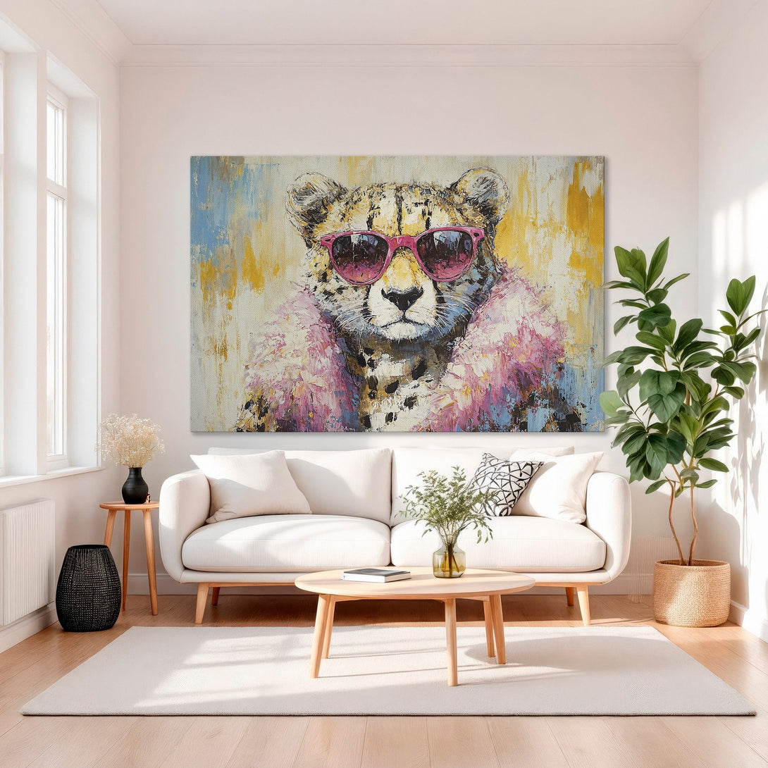 Framed Wall Art: Cool cheetah in pink sunglasses. Modern, colorful abstract painting with a gold frame. Perfect for a stylish living room.