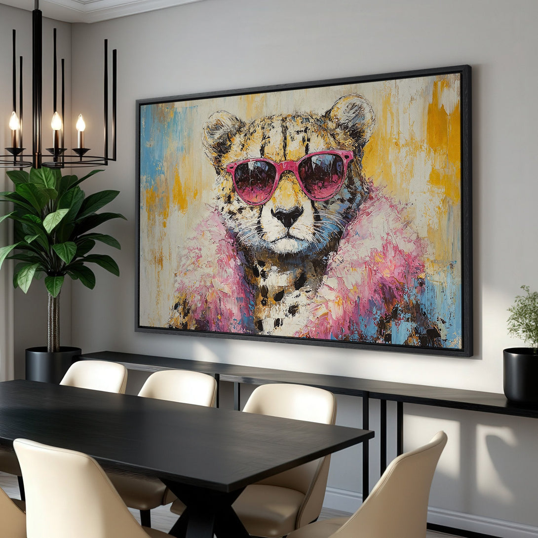 Framed Wall Art featuring a stylish cheetah wearing sunglasses, abstract art style with a vibrant pink, yellow, and blue color palette. Perfect for modern decor!