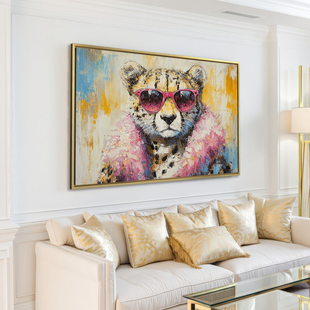 Canvas Print featuring a cool cheetah with pink sunglasses, modern art style, vibrant pink, yellow, and blue color palette.