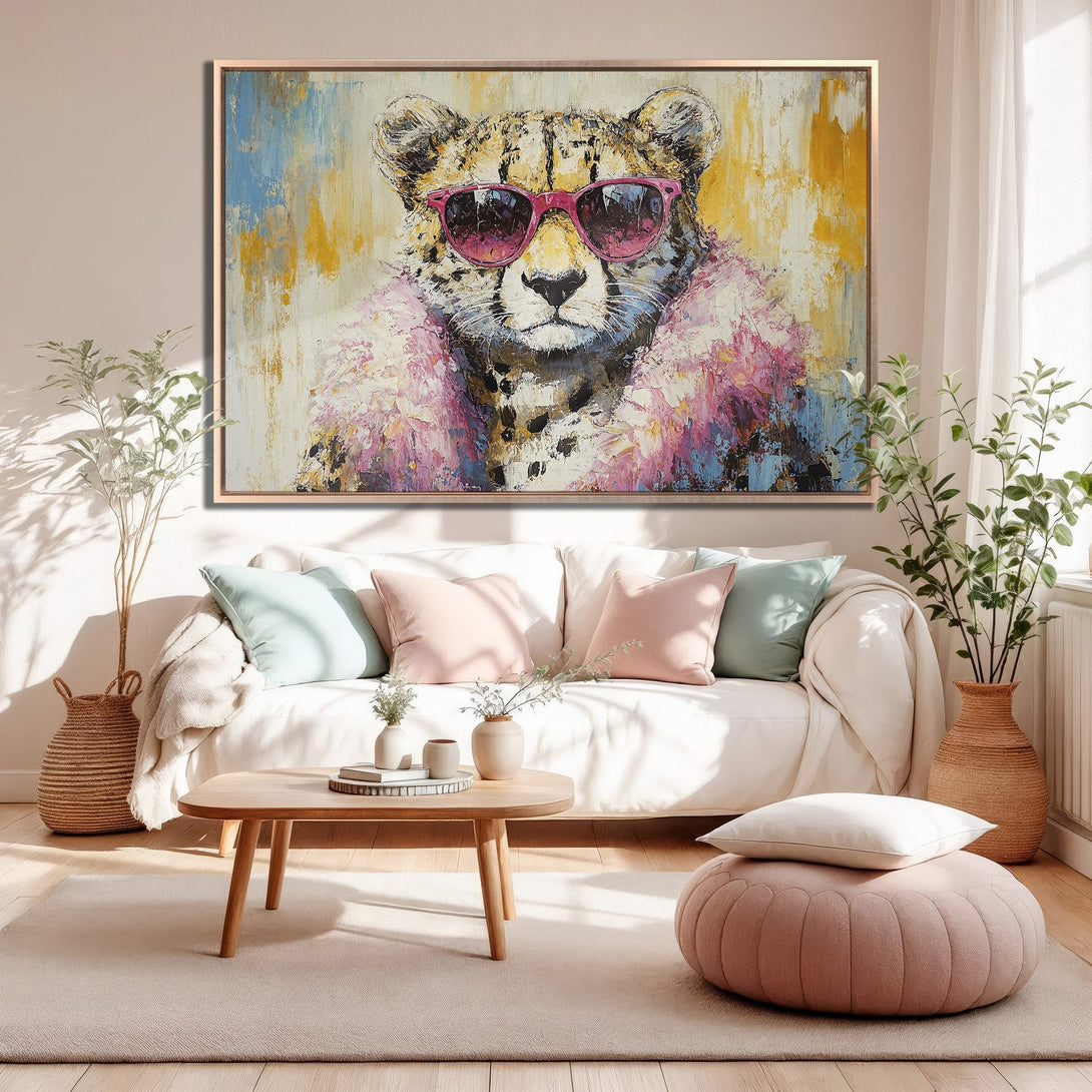 Framed Wall Art: Stylish cheetah portrait with pink sunglasses, abstract style, and a warm color palette. Perfect for modern home decor.