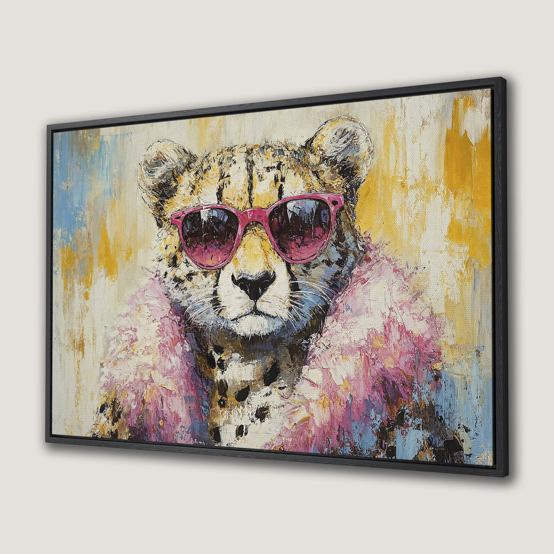 Framed Wall Art: Cool cheetah portrait in pink sunglasses, painted in an expressive style. Featuring a vibrant palette of pink, yellow, and blue. Perfect wall decor!