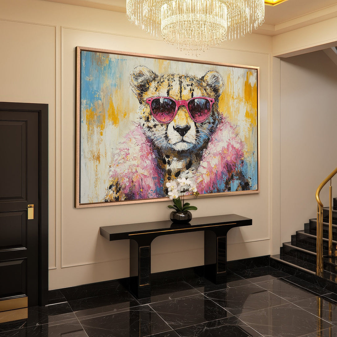 Framed Wall Art: Cool cheetah wearing sunglasses. Abstract style with blue, yellow, pink, and neutral tones. Perfect for modern home decor.