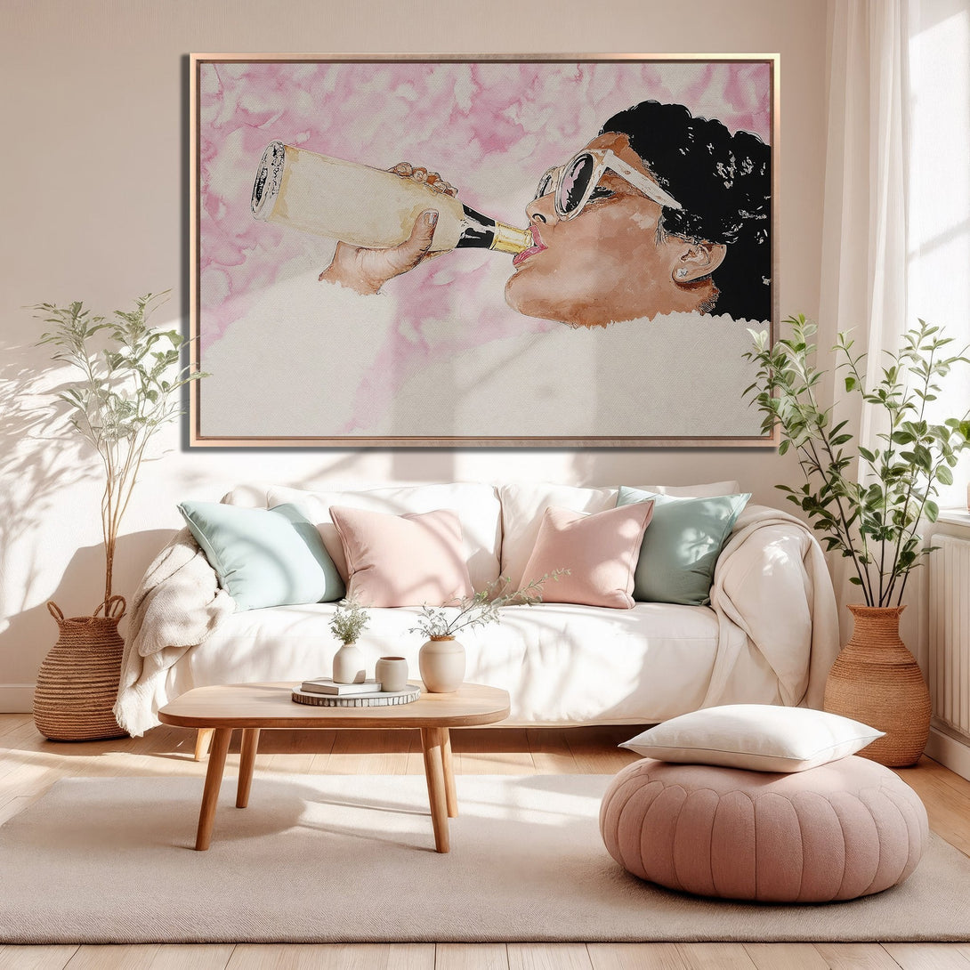Framed Wall Art featuring a woman drinking champagne, watercolor style, with a pink and beige color palette, perfect for modern home decor.