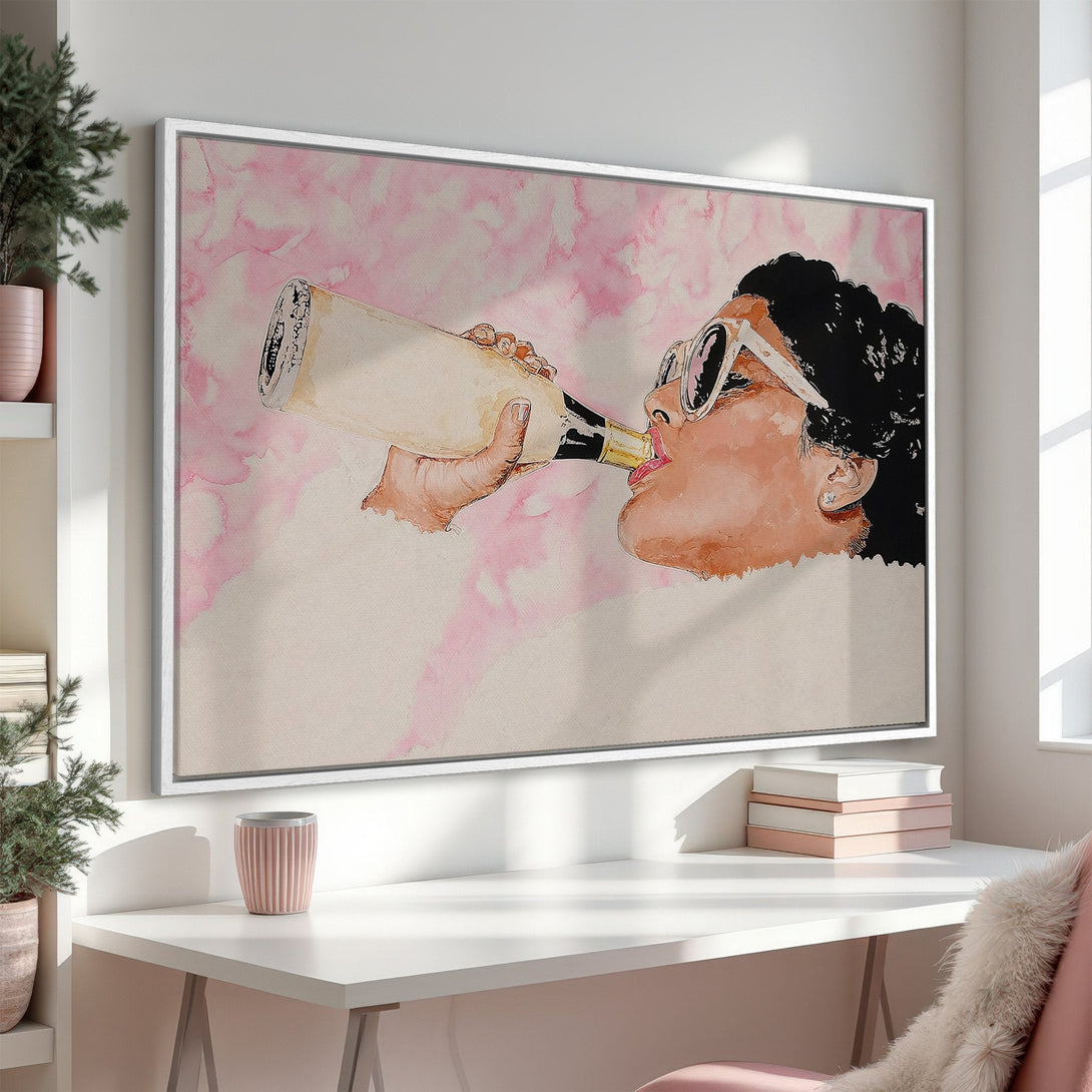 Framed Wall Art: Woman drinking champagne, watercolor style, pink & neutral tones. Perfect for adding a touch of glam to your home decor.