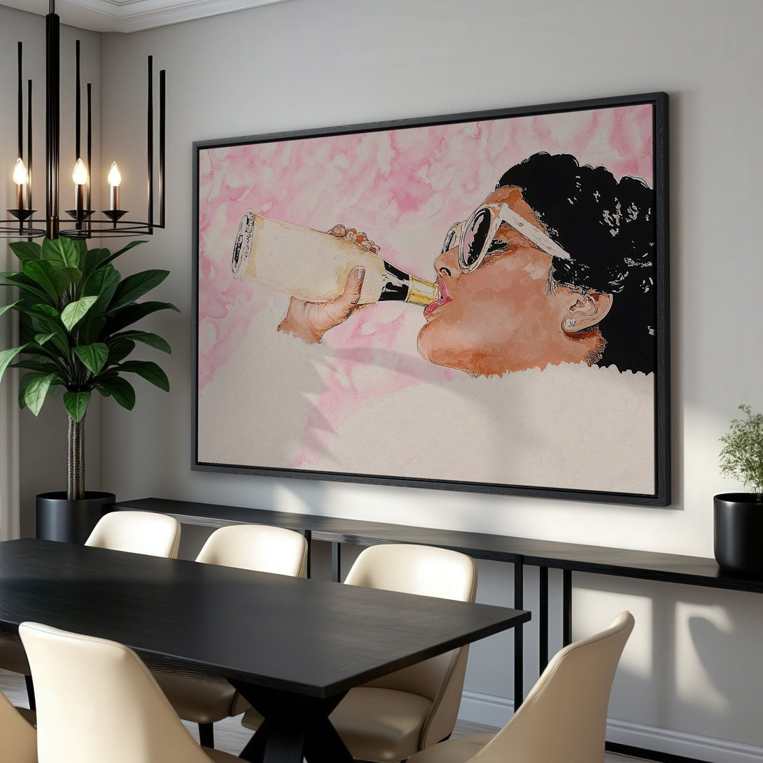 Framed Wall Art: Stylish woman drinking champagne. Watercolor style art in pink and neutral tones. Perfect for dining room decor.