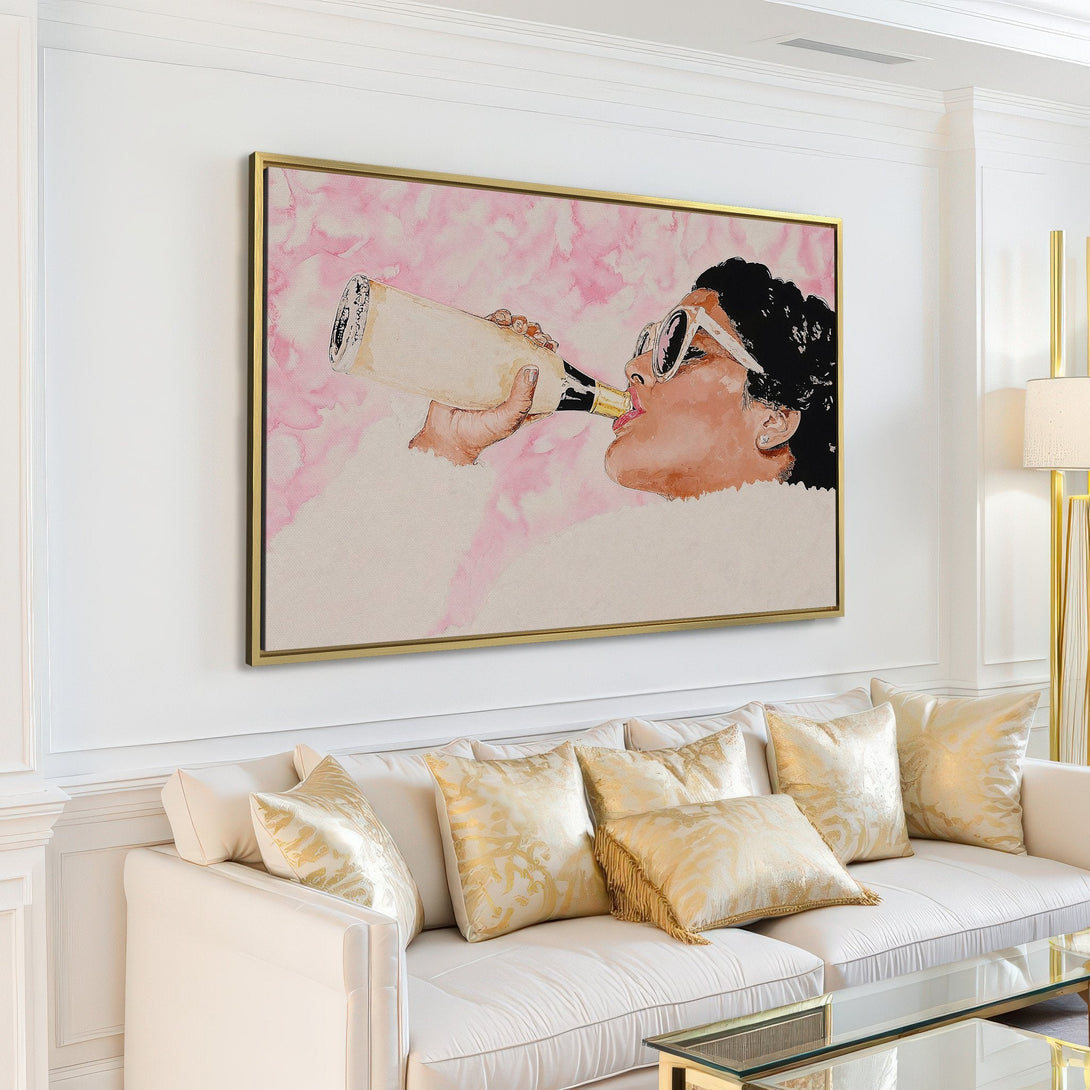 Canvas Print of a woman drinking champagne, watercolor style, soft pink and neutral tones, perfect for modern home decor.