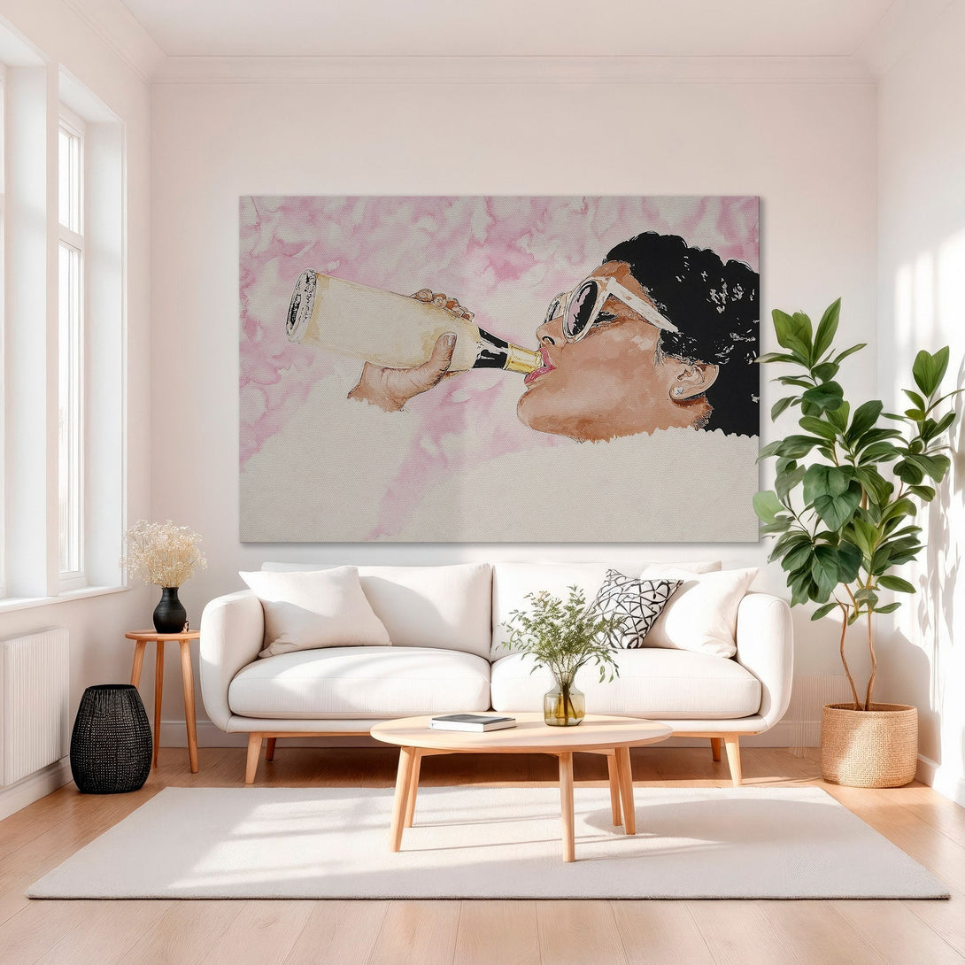 Framed Wall Art featuring a woman drinking champagne. Modern watercolor style with pink and gold hues. Elevate your space with this stylish Canvas Print!