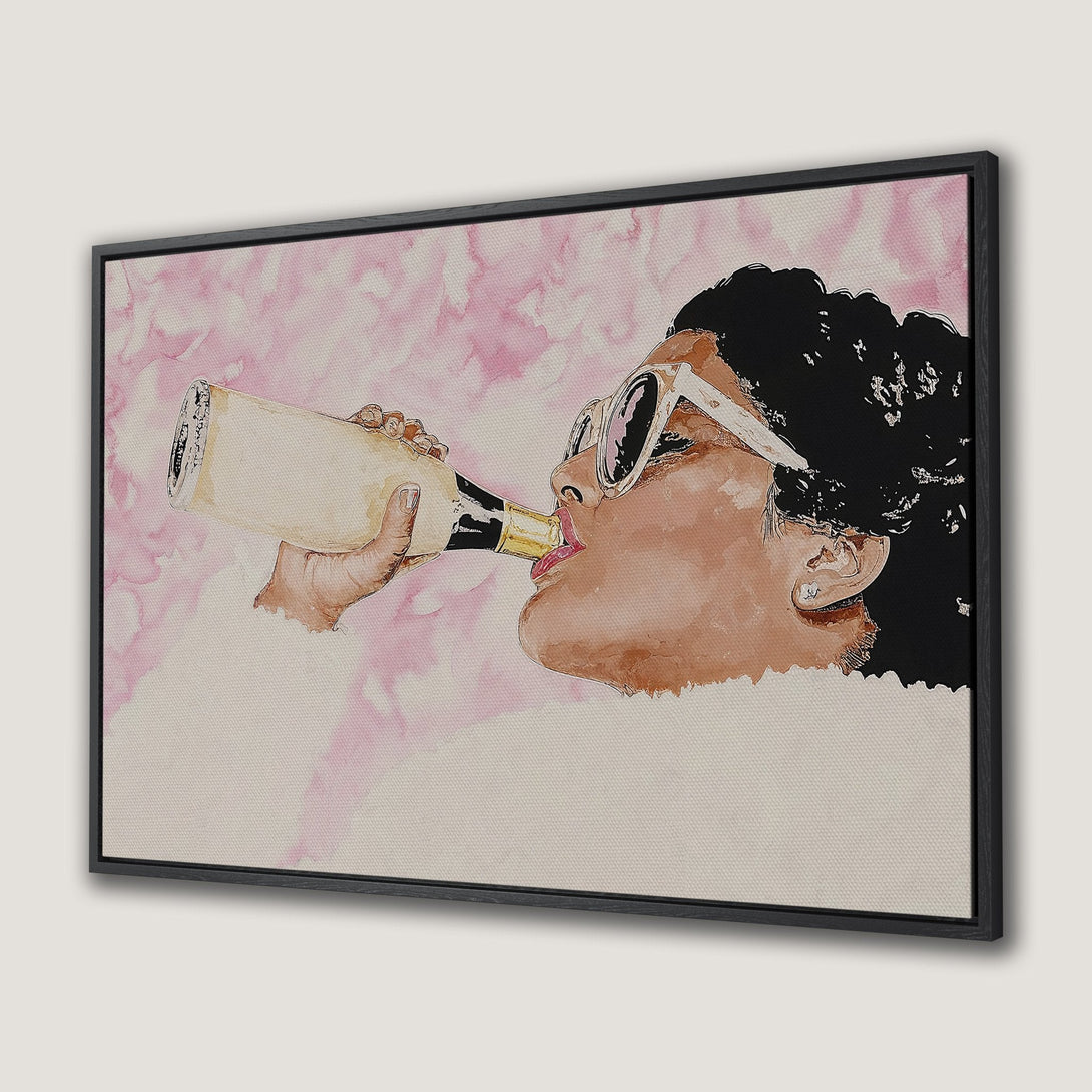 Framed Wall Art: Watercolor portrait of a woman drinking champagne, soft pink & neutral color palette. Stylish decor for any space.