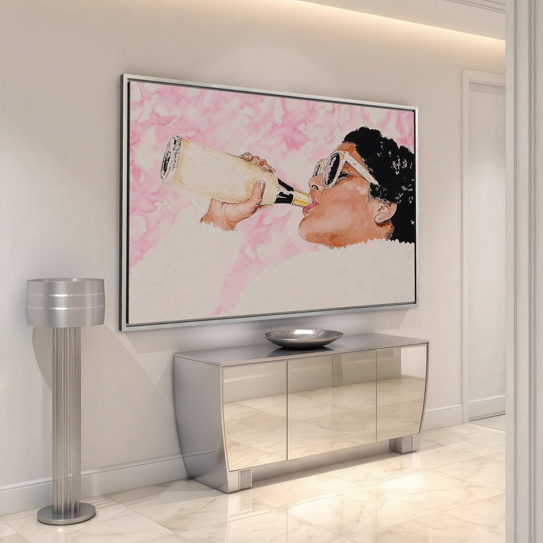 Framed Wall Art: Stylish woman drinking champagne. Watercolor style artwork in pink & neutral tones. Perfect for modern home decor.