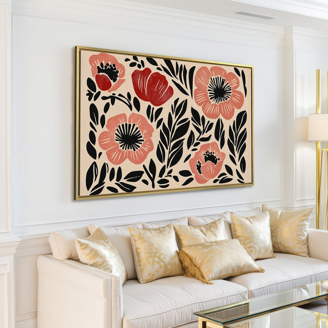 Canvas Print featuring a floral design in a modern, minimalist style. Soft pinks, reds, and black on a neutral background. Perfect wall art for any space.