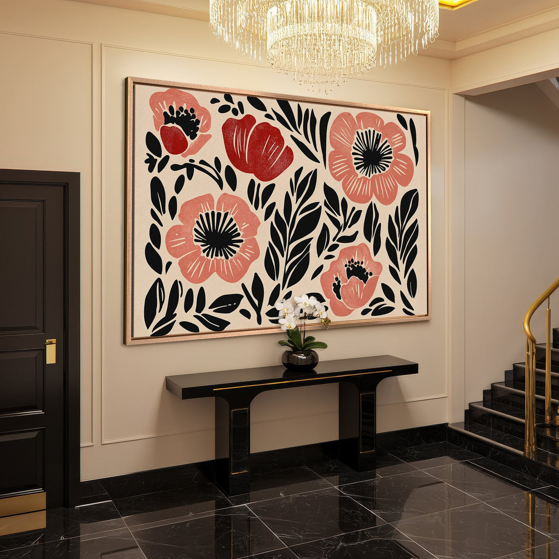 Framed Wall Art featuring floral design in pink, black, and cream. Modern style canvas print adds elegance to any interior.