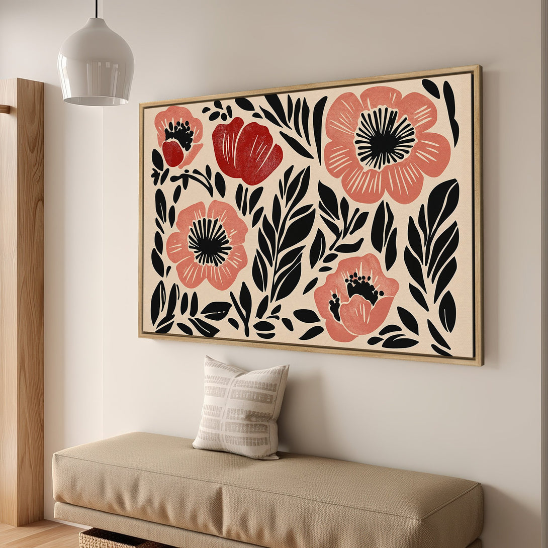 Framed Wall Art featuring a floral design in a modern style. The color palette includes red, black, and beige, perfect for adding a pop of color to your space.