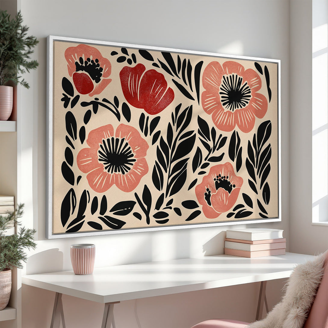 Framed Wall Art featuring a floral design in a modern style, with a warm beige, coral, and black color palette. Perfect for any room!