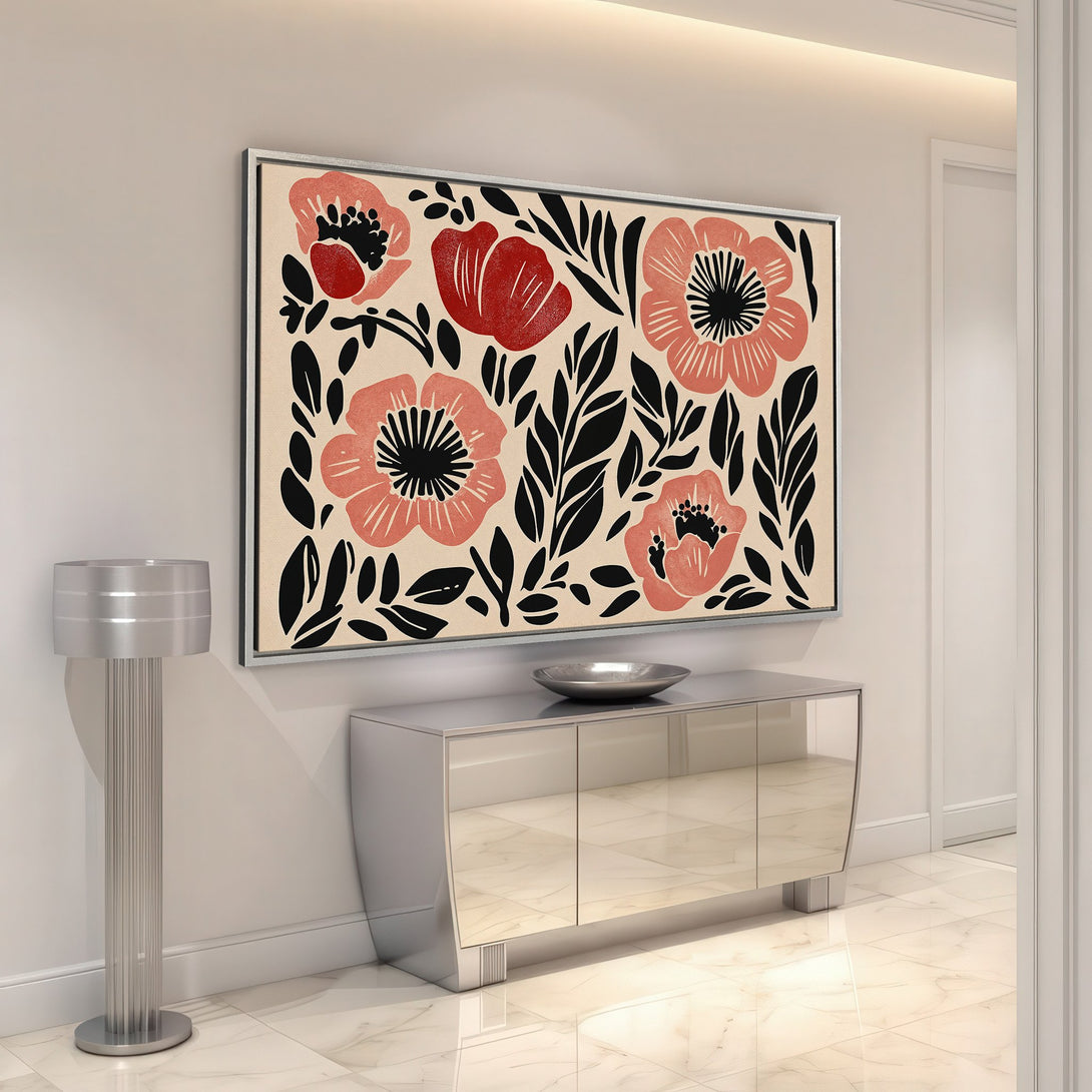 Framed Wall Art featuring a floral design in red, black, and beige. Modern style canvas print adds a pop of color to any interior.