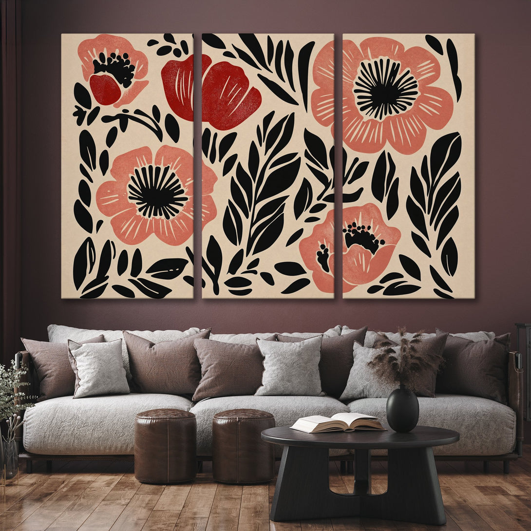 Canvas Print featuring a floral design in a mid-century modern style. The color palette includes red, black, and beige.