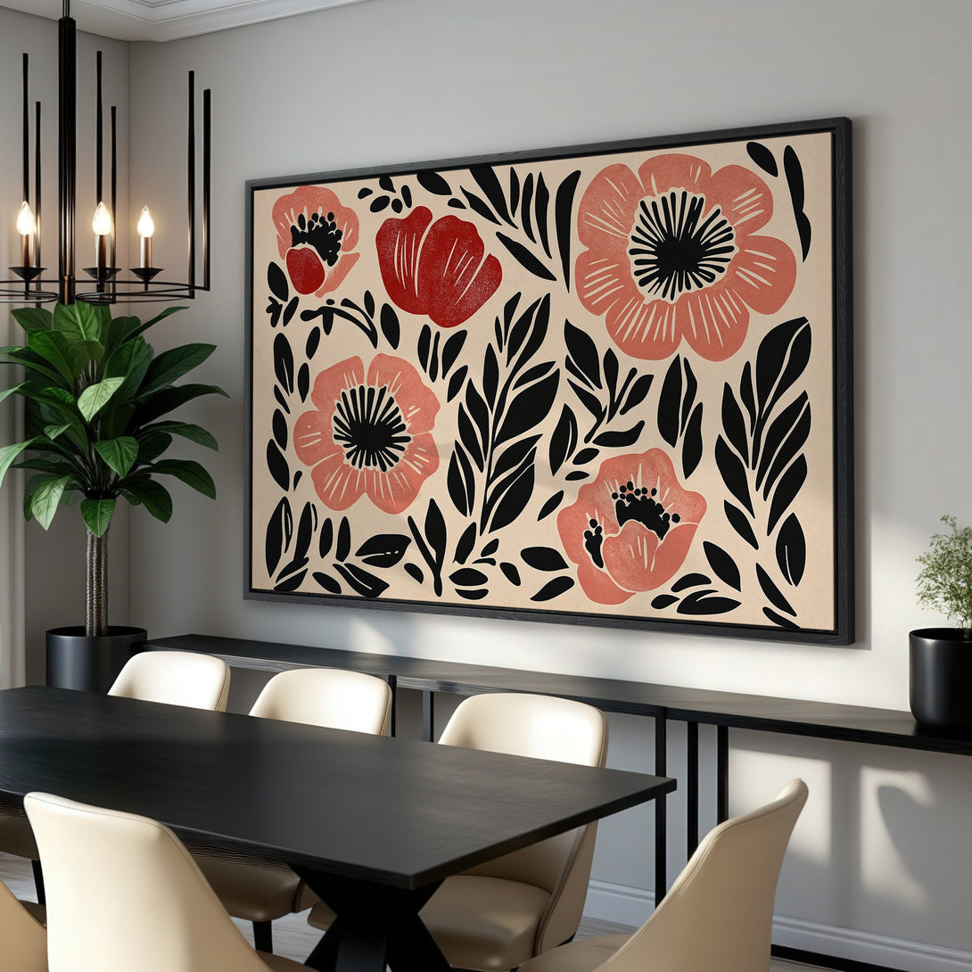 Framed Wall Art featuring a floral design in a modern style, with a red, black, and beige color palette, perfect for adding a touch of elegance to any room.