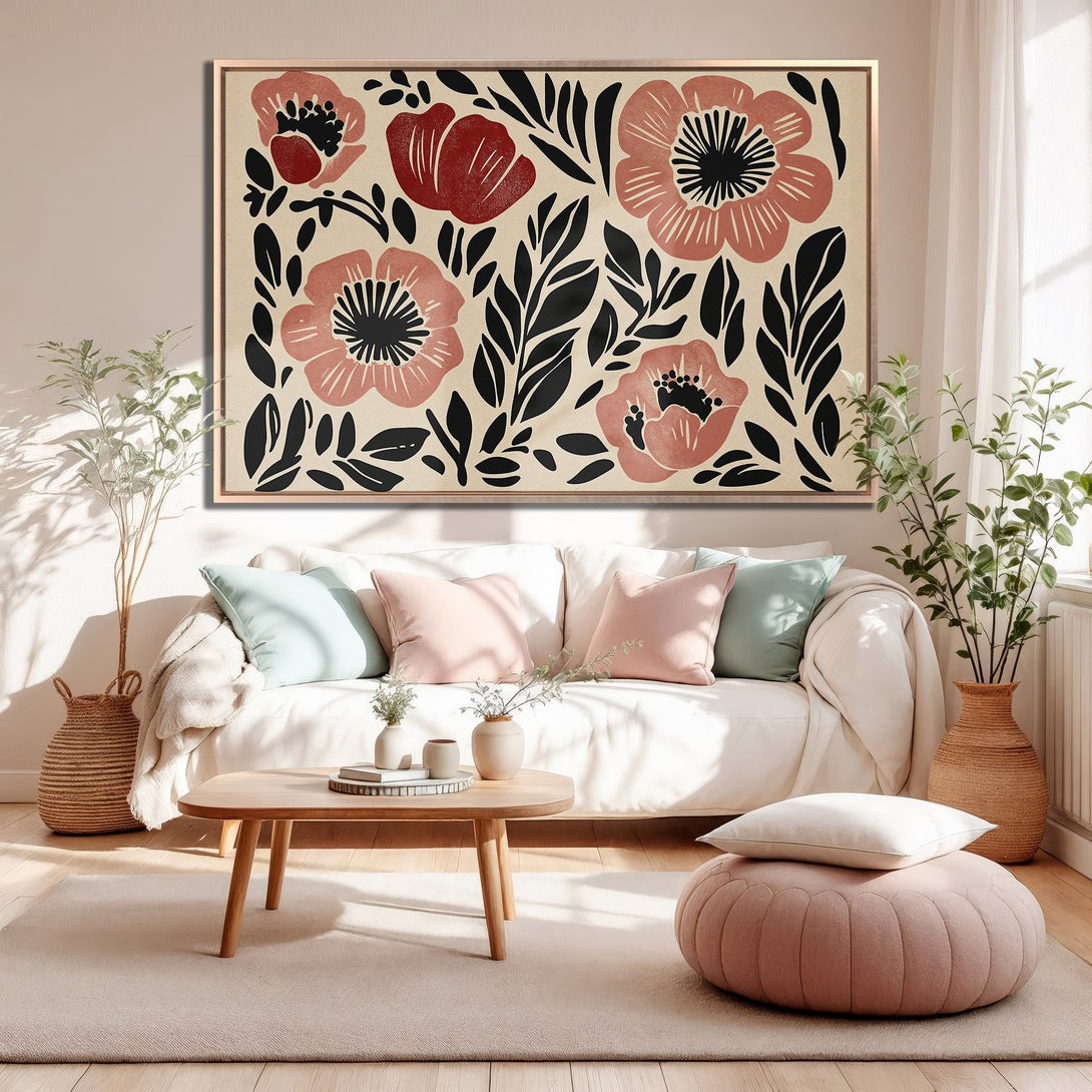 Framed Wall Art: Modern floral print in blush pink & black. Adds a touch of elegance to any space. Shop our Canvas Print collection today!
