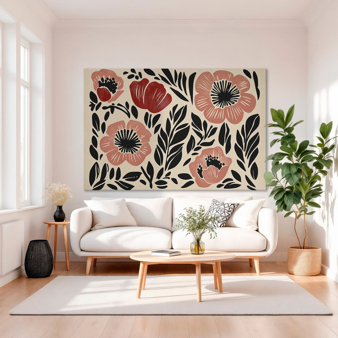 Framed Wall Art: Floral Canvas Print in modern style. Features red & black flowers on a neutral background, adding a pop of color to any interior.