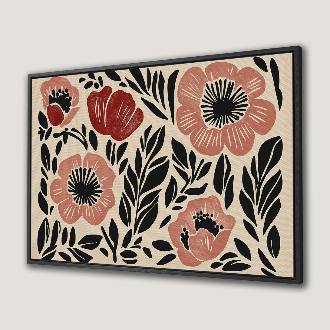 Framed Wall Art featuring a modern floral design in a neutral and red color palette. Perfect for adding a touch of elegance to any room.