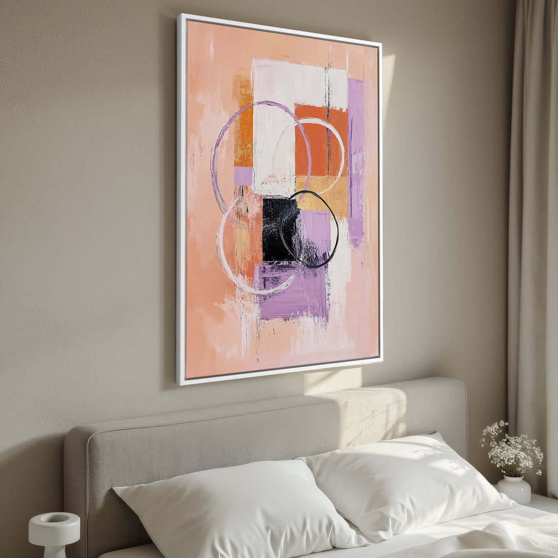 Framed Wall Art: Abstract painting with peach, purple, and orange hues. Modern art canvas print adds a stylish touch to any bedroom decor.