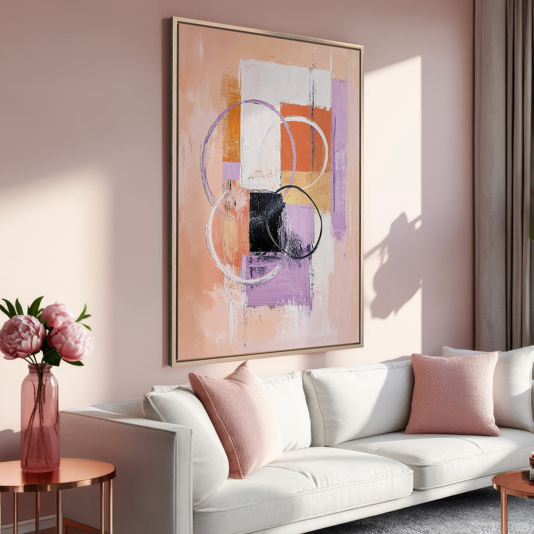 Framed Wall Art: Modern abstract art in blush, orange, and purple tones. Elevate your living room with this stylish canvas print.