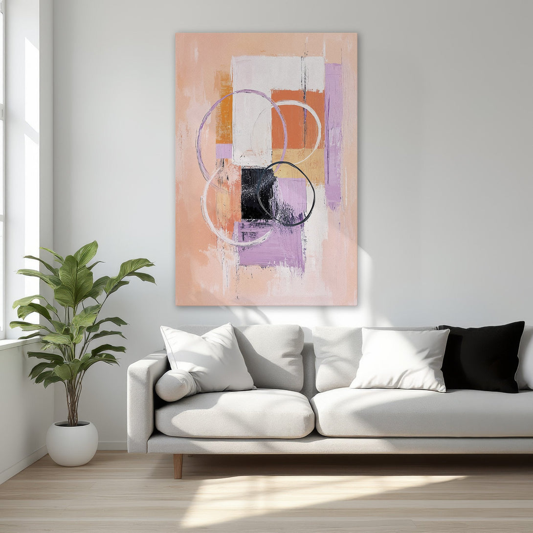 Framed Wall Art: Abstract painting in warm peach, purple, and orange tones. Modern art Canvas Print adds a stylish touch to any bedroom decor.