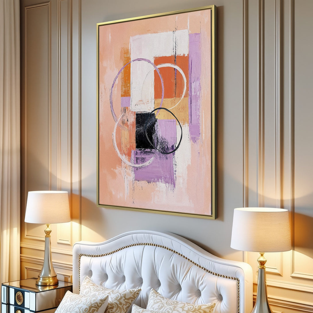 Abstract Canvas Print in a modern interior. Features a geometric design with peach, lavender, and black hues. Elevate your space with this stylish wall art.