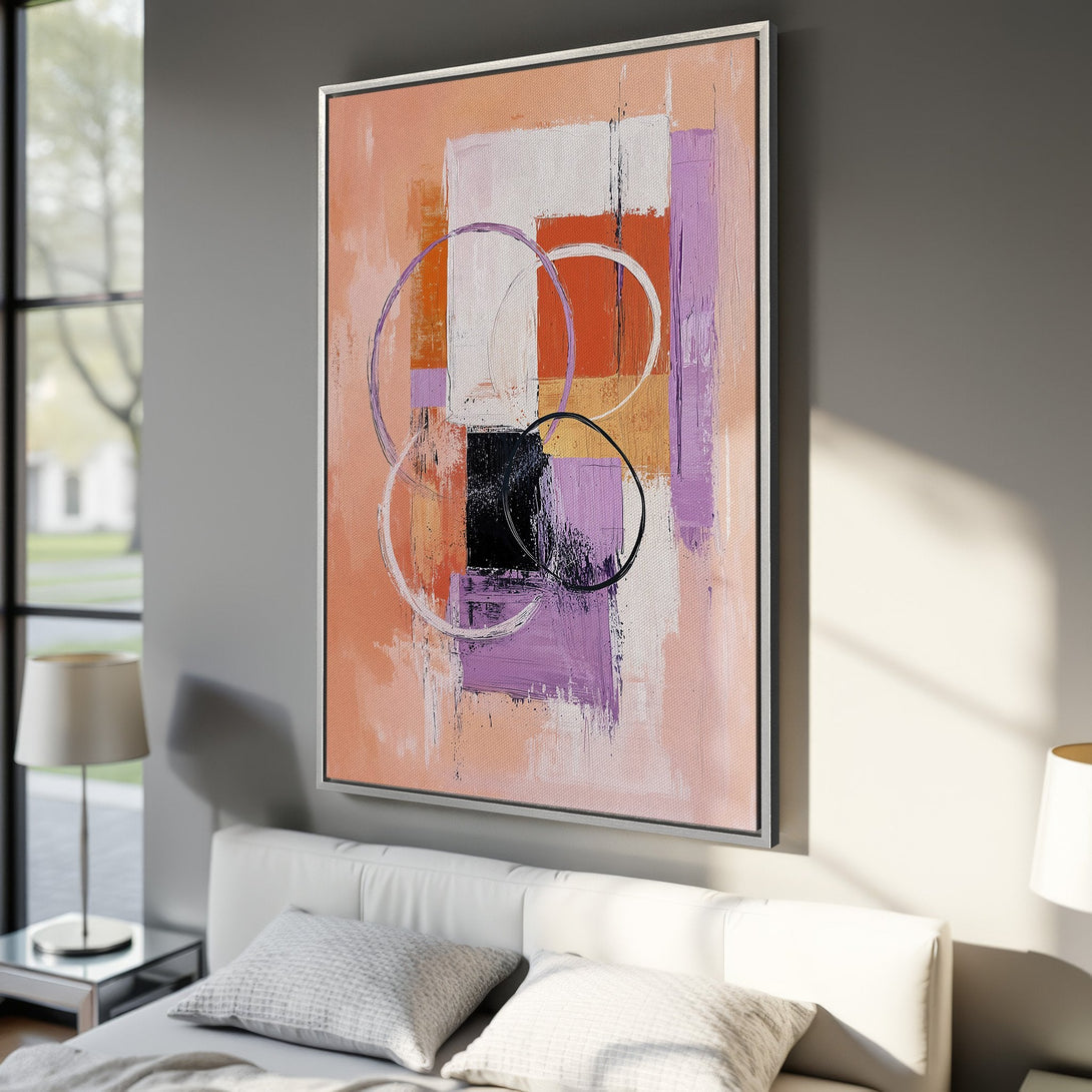 Framed Wall Art: Modern abstract painting in peach, purple, and black. Adds a pop of color and contemporary style to any interior. Shop now!