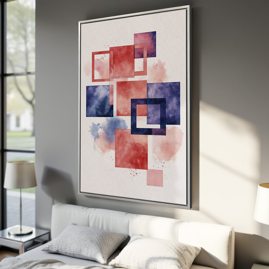 Framed Wall Art featuring abstract watercolor squares in red and blue hues. Modern art canvas print perfect for any interior.