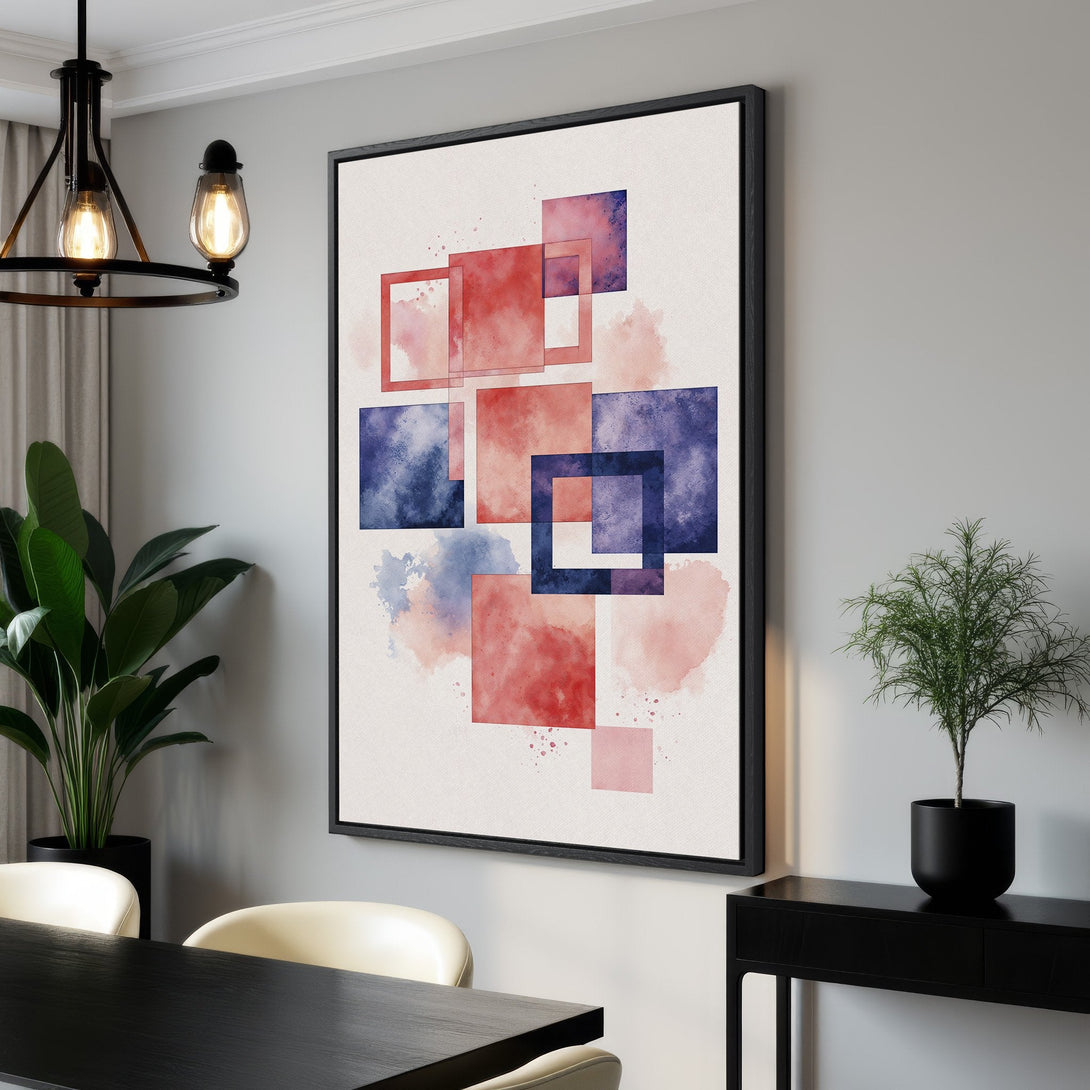 Framed Wall Art featuring an abstract watercolor design with overlapping squares in red, blue, and pink hues. Modern art for stylish home decor.