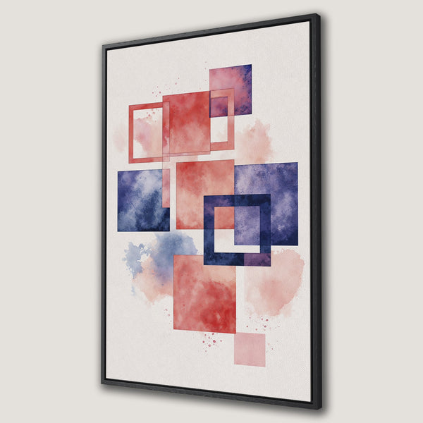 Framed Wall Art featuring abstract watercolor squares in red and blue hues. Modern art for your home decor. Canvas Print.