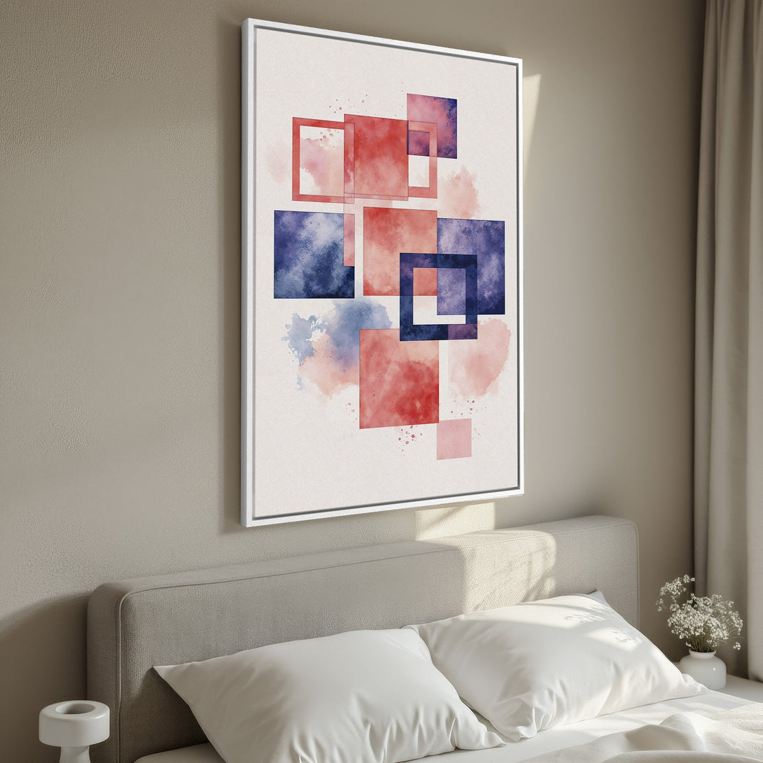 Framed Wall Art: Abstract watercolor squares in red and blue hues. Modern art Canvas Print for bedroom decor.