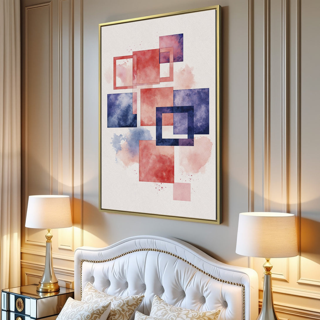 Canvas Print featuring abstract watercolor squares in red and blue, displayed in a modern living room. Perfect wall art for a stylish home!