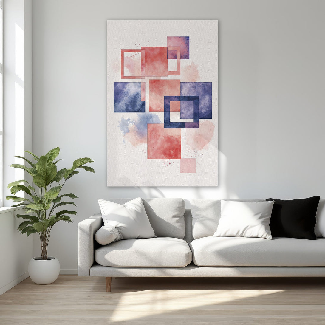 Framed Wall Art featuring abstract watercolor squares in red and blue. Modern art canvas print perfect for bedroom decor.