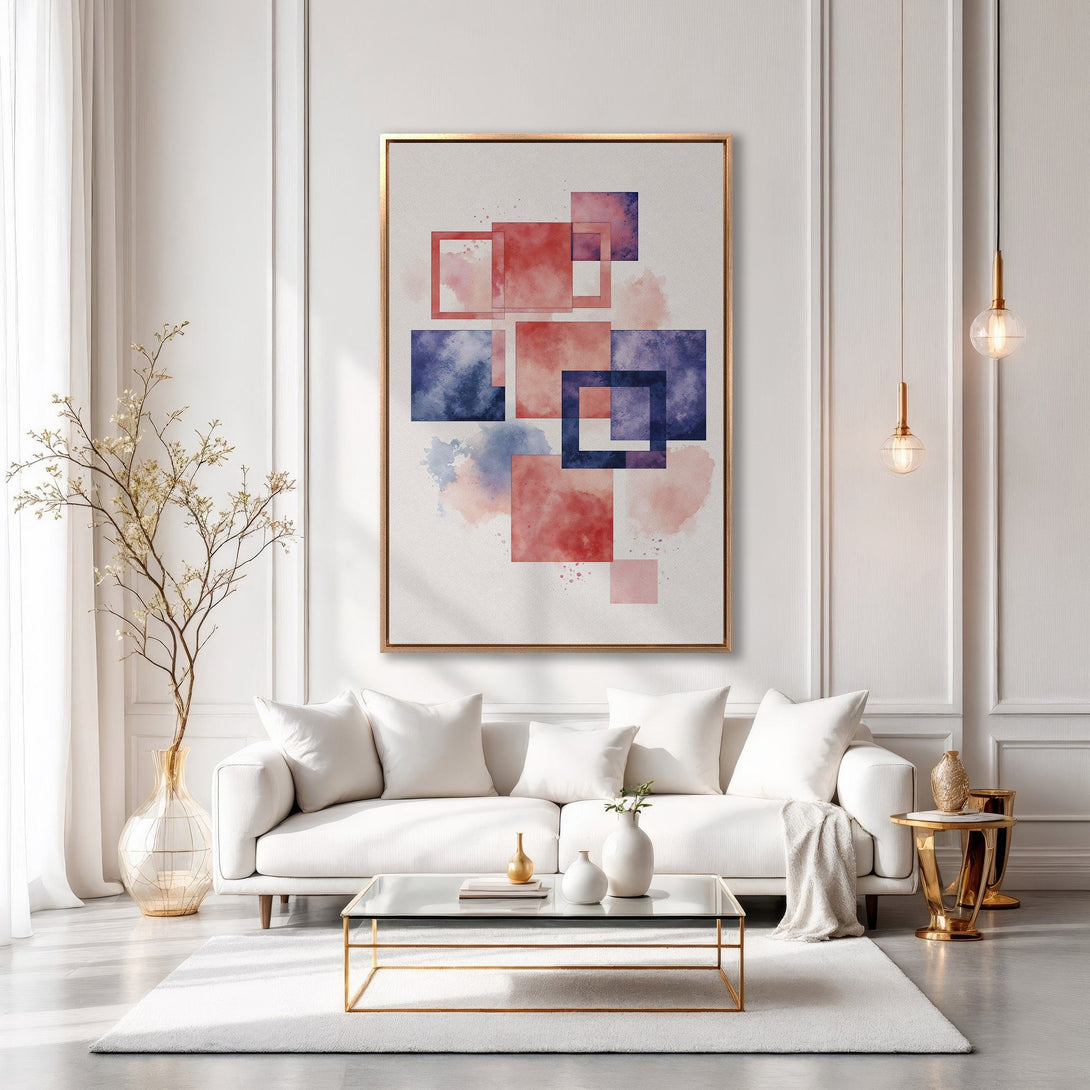 Framed Wall Art: Abstract watercolor art in red and blue hues. Modern Canvas Print adds a pop of color to a stylish white living room.