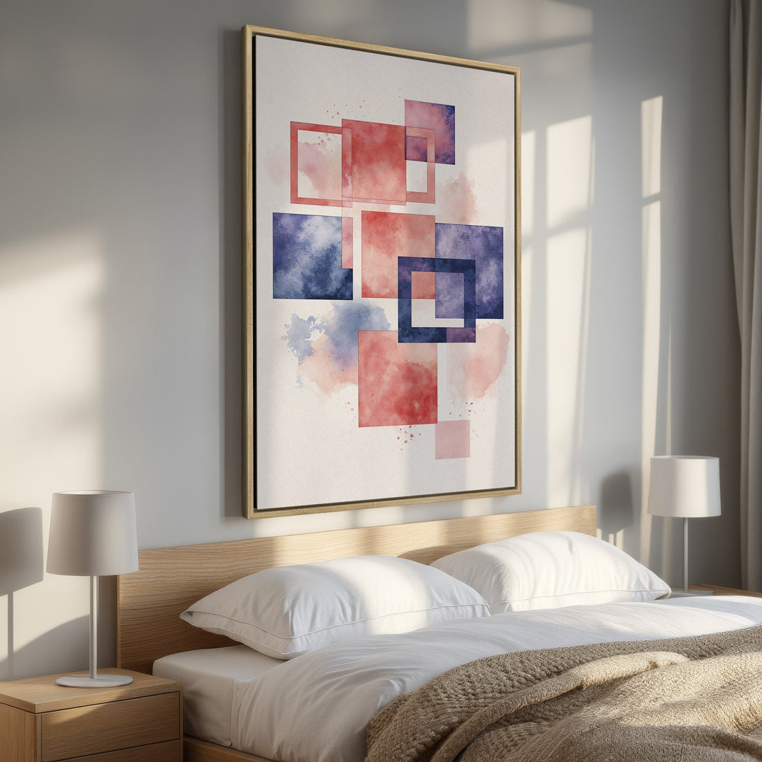 Framed Wall Art featuring abstract watercolor squares in red and blue hues. Modern art piece in a bedroom setting.
