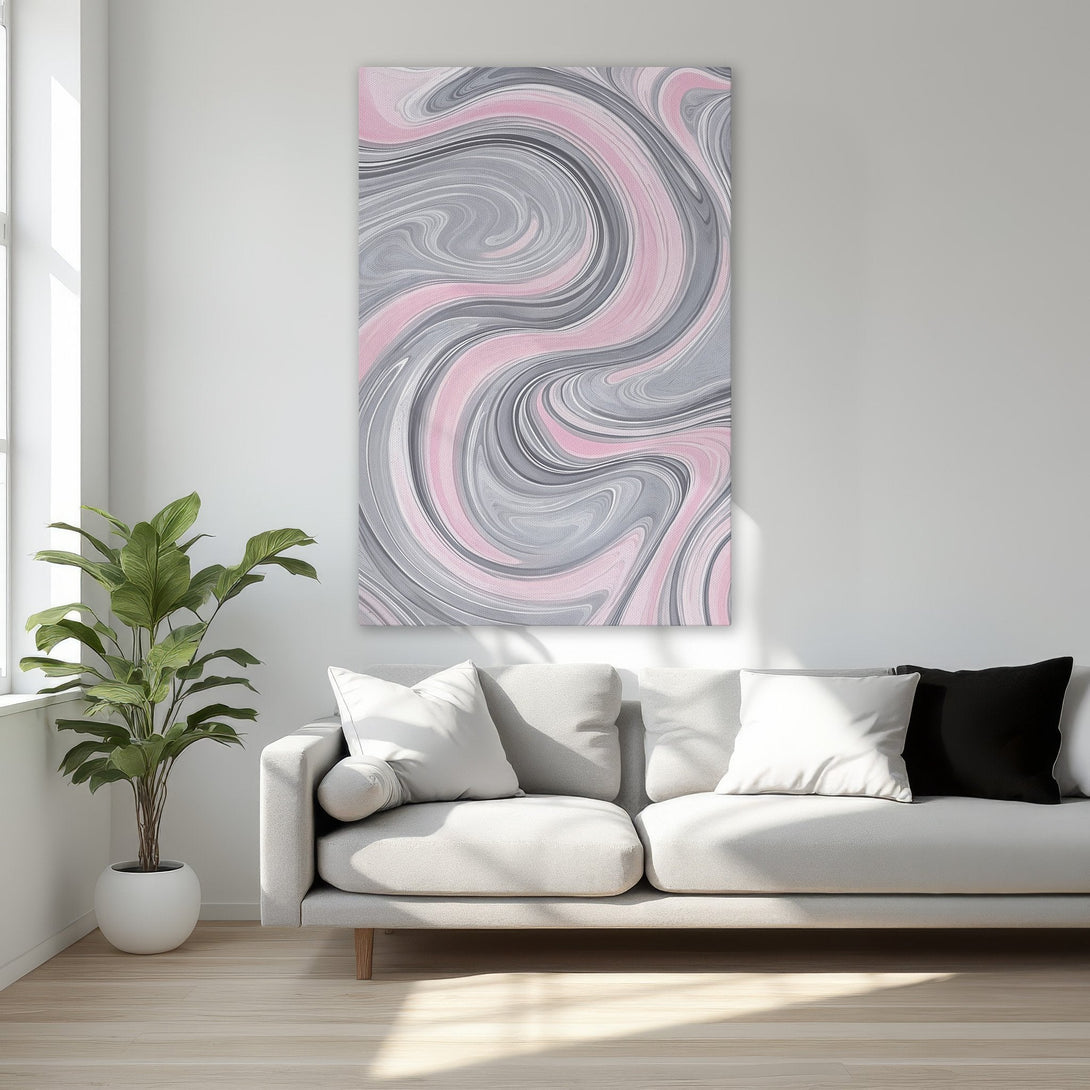 Framed Wall Art: Abstract pink and gray swirl design. Modern art canvas print adds a touch of elegance to any interior. Shop now!