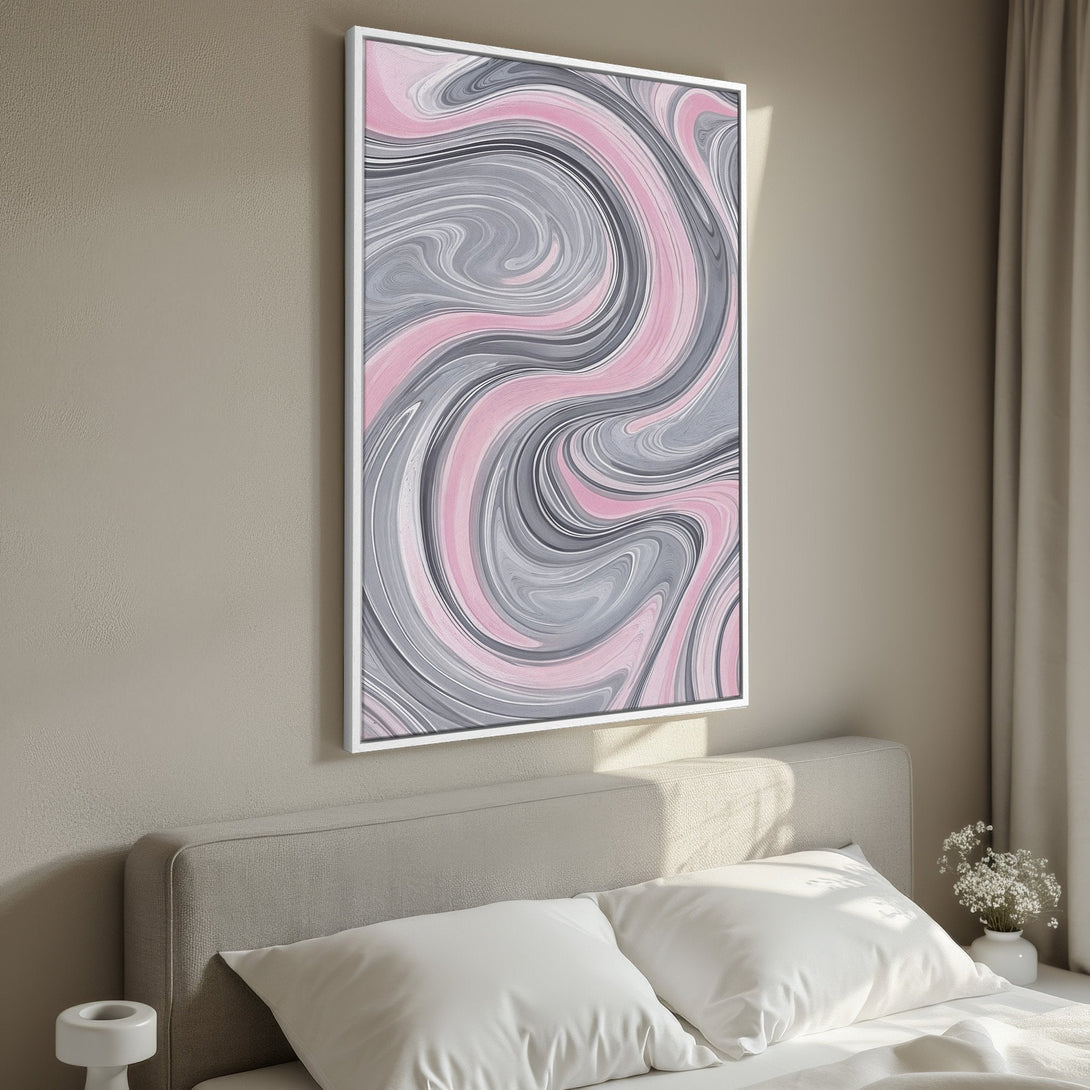 Framed Wall Art: Abstract swirl design in pink and gray. Modern canvas print adds a touch of elegance to any bedroom decor. Shop now!