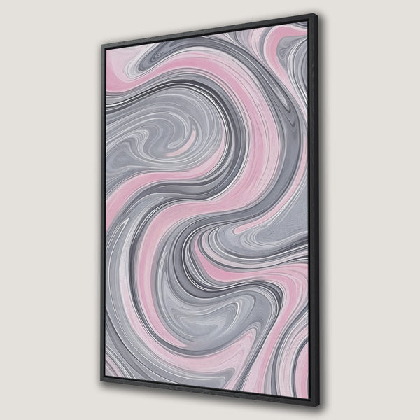 Framed Wall Art featuring abstract swirling design in pink, gray, and white. Modern canvas print perfect for adding a touch of elegance to your home decor.