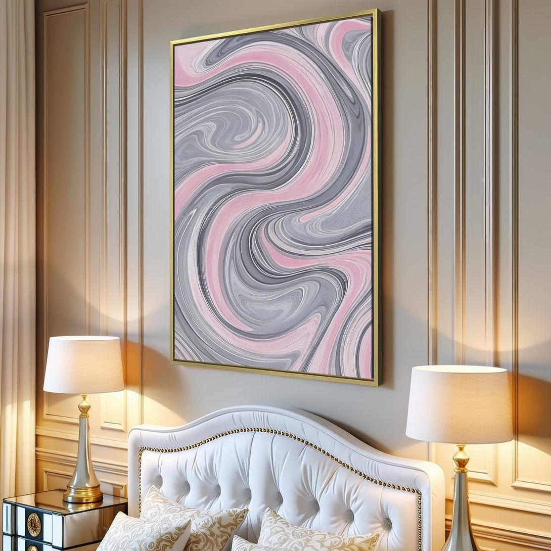 Abstract Canvas Print in a modern interior. Features a swirling design in pink, gray, and white. Perfect wall art for any space!