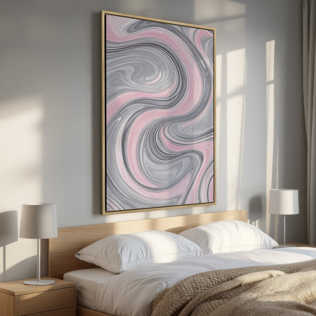 Framed Wall Art: Abstract swirl design in pink, gray, and white. Modern canvas print perfect for bedroom decor. Enhance your space with stylish art.