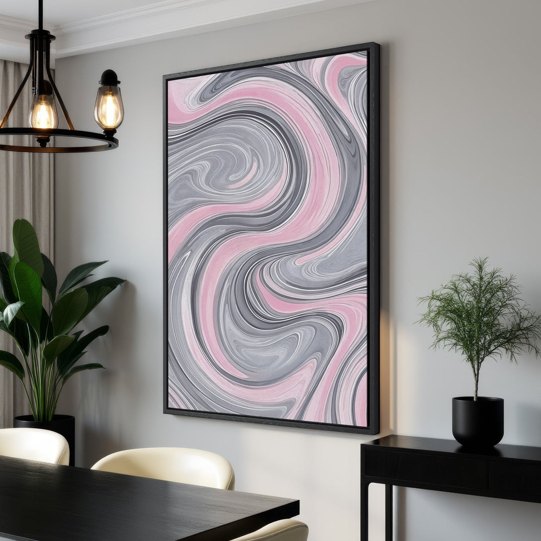Framed Wall Art featuring a modern abstract swirl design in pink, gray, and white. Elevate your space with this stylish Canvas Print!