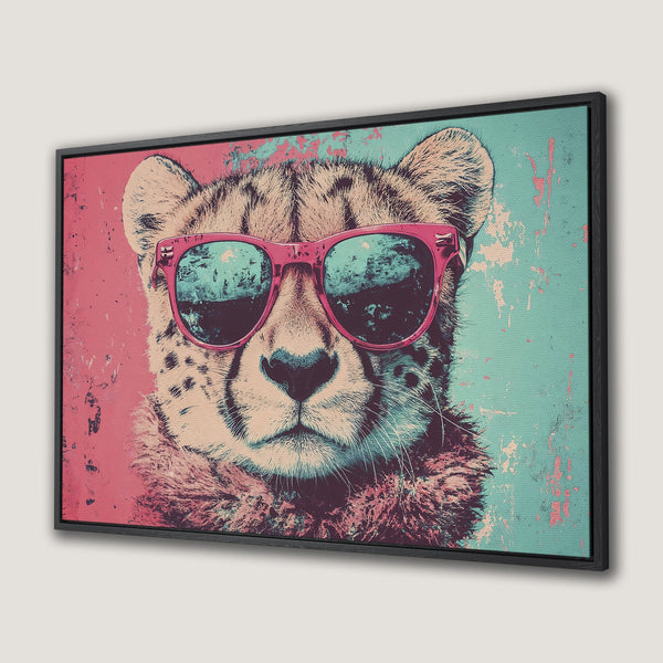 Framed Wall Art: Cool cheetah wearing sunglasses, pop art style, vibrant pink & teal color palette. Add a touch of fun to your decor!